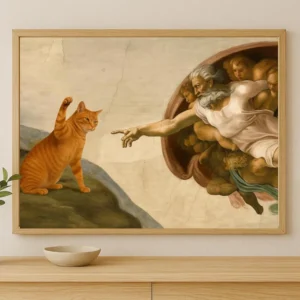 Plakat ze Stworzeniem Adama i rudym kotem - parodia Czerwony