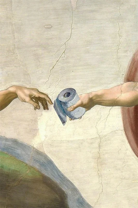 Stworzenie Adama z papierem toaletowym - plakat śliwka