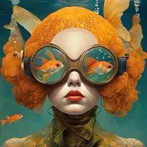 Plakat surrealistyczny kobieta i ryba Beżowy