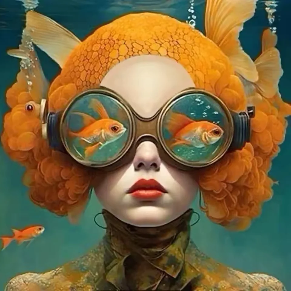 Plakat surrealistyczny kobieta i ryba Beżowy