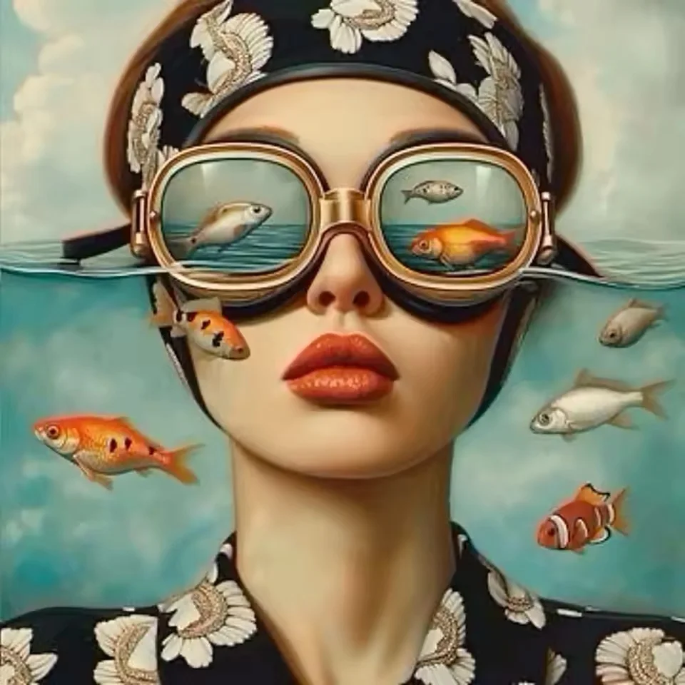 Plakat surrealistyczny kobieta i ryba Czekolada