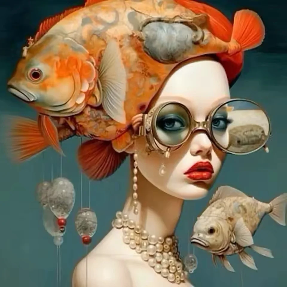 Plakat surrealistyczny kobieta i ryba Jasny niebieski
