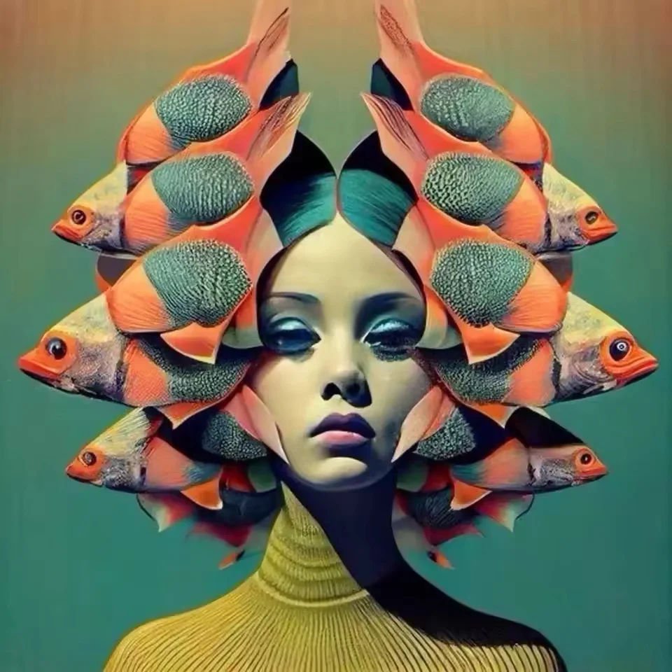 Plakat surrealistyczny kobieta i ryba Jasny