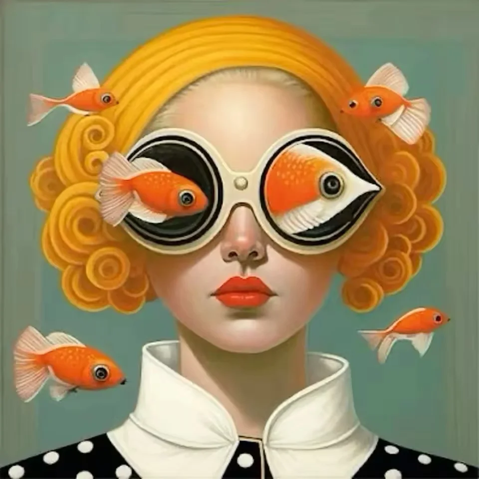 Plakat surrealistyczny kobieta i ryba Kawa