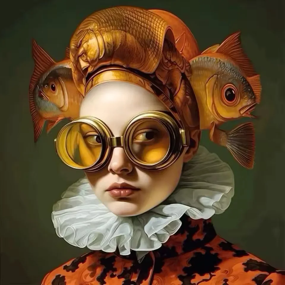 Plakat surrealistyczny kobieta i ryba Różowy