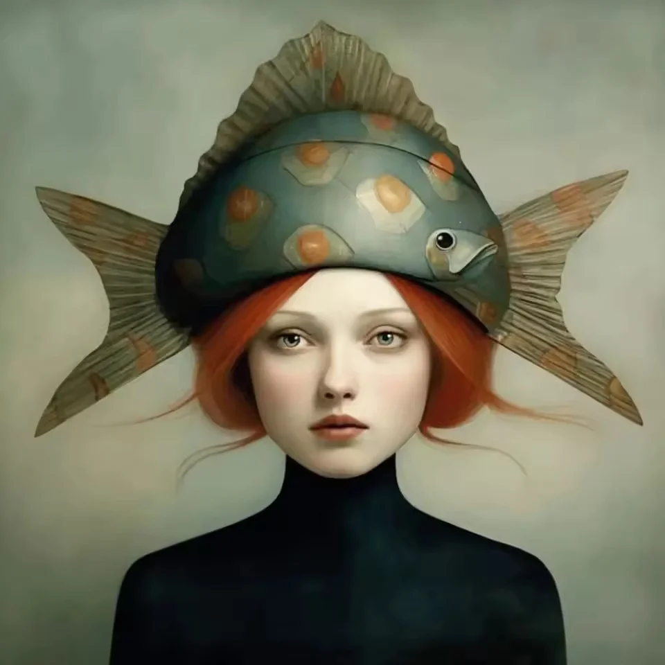 Plakat surrealistyczny kobieta i ryba Srebrny