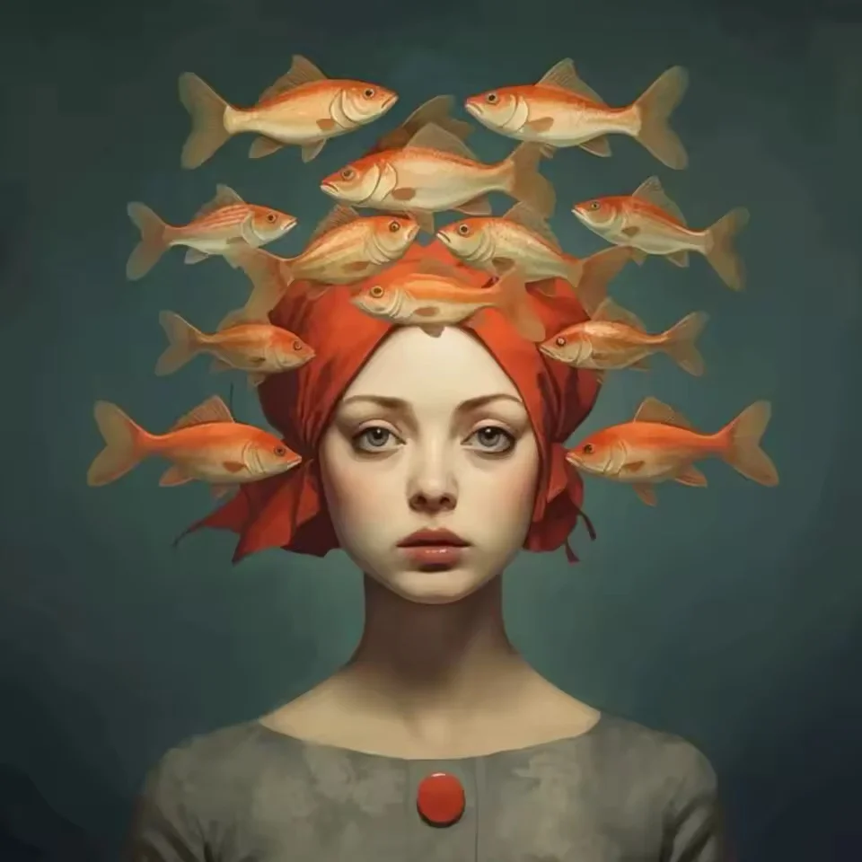 Plakat surrealistyczny kobieta i ryba Złoto