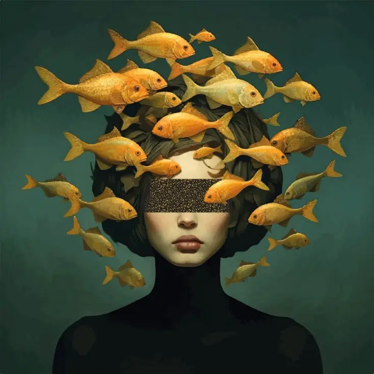 Plakat surrealistyczny kobieta i ryby Wzór 6