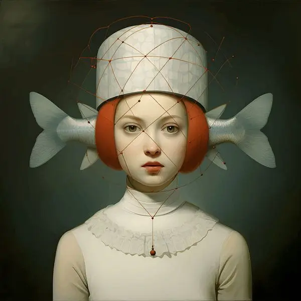 Plakat surrealistyczny kobieta i ryby Wzór 7