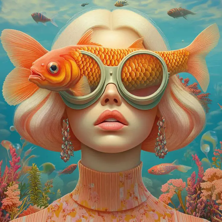Plakat surrealistyczny kobieta i ryby Wzór 8