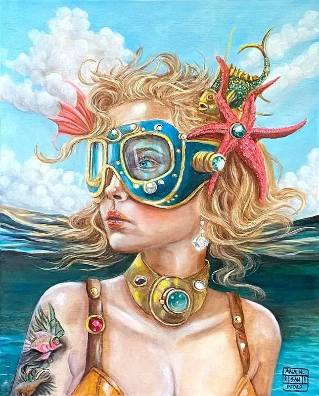 Plakat surrealistyczny portret kobiety Róża czerwona