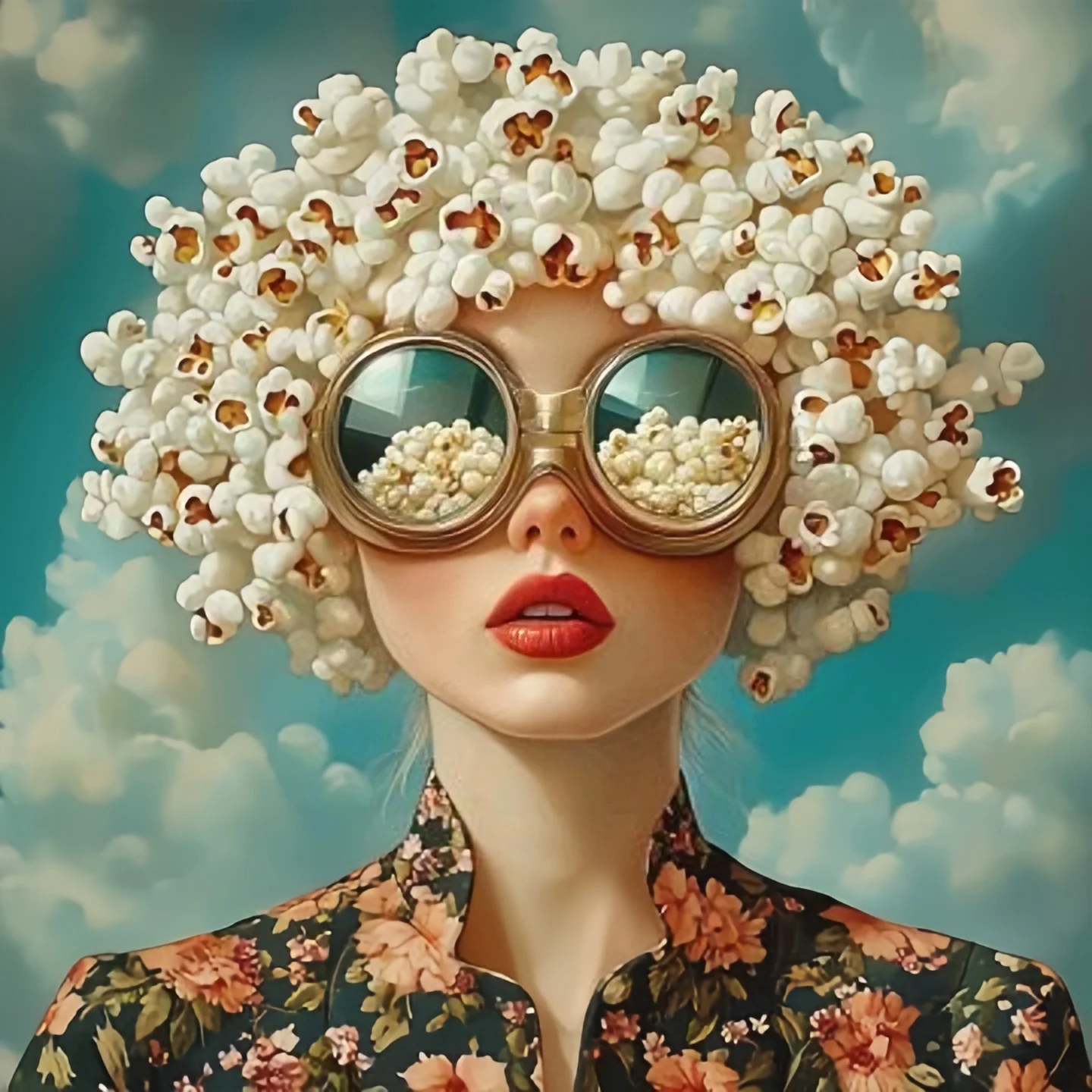 Plakat surrealistyczny portret kobiety z koniem i kwiatami Czerwony