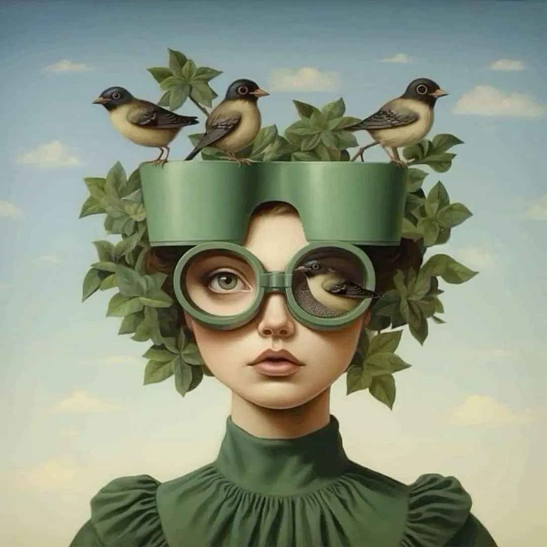 Plakat surrealistyczny portret kobiety z koniem i kwiatami Niebieski