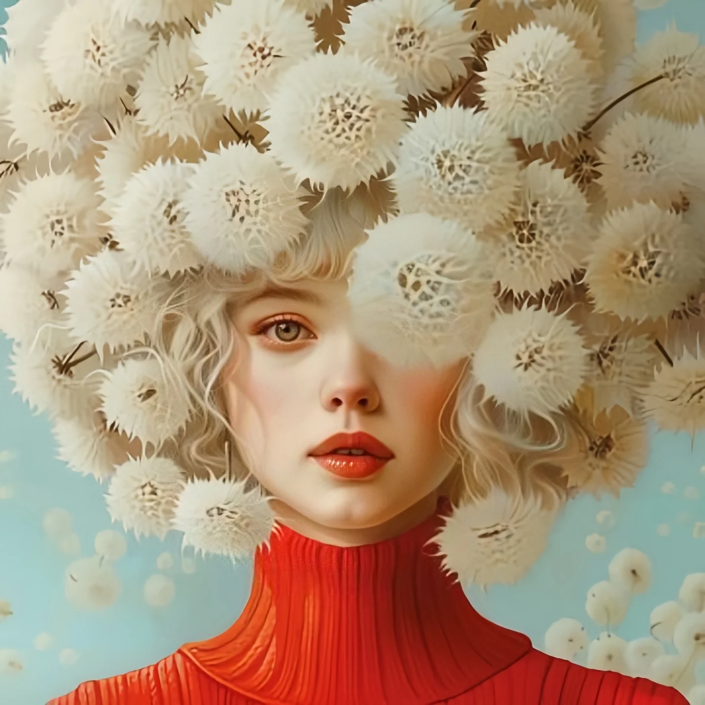 Plakat surrealistyczny portret kobiety z koniem i kwiatami żółty