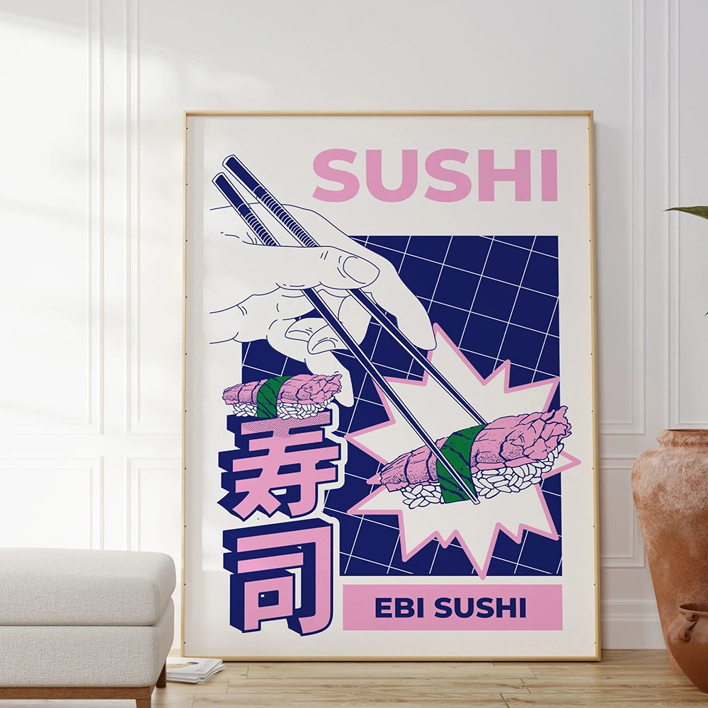 Plakat sushi bar - retro japońska grafika do jadalni Fioletowy