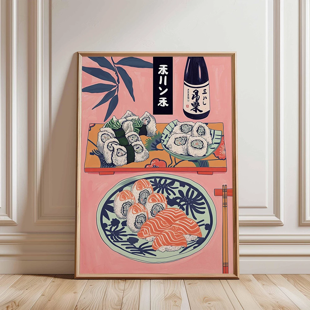 Plakat sushi bar - retro japońska grafika do jadalni Pomarańczowy