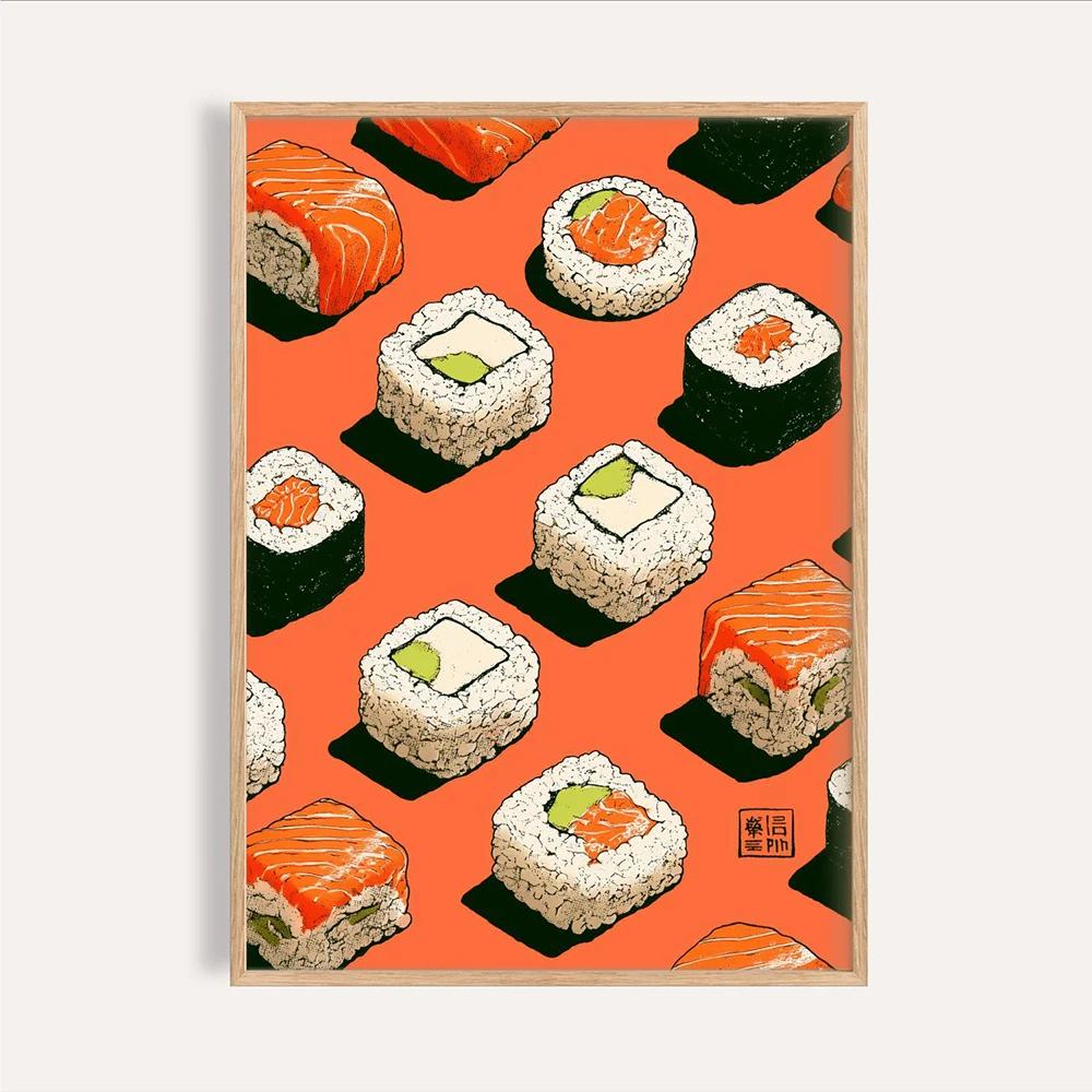 Plakat sushi bar - retro japońska grafika do jadalni śliwka