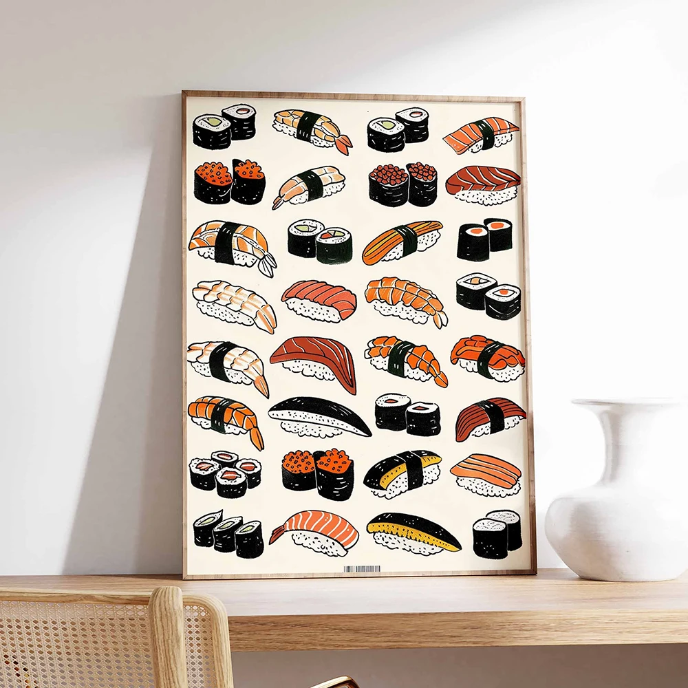 Plakat sushi bar - retro japońska grafika do jadalni żółty
