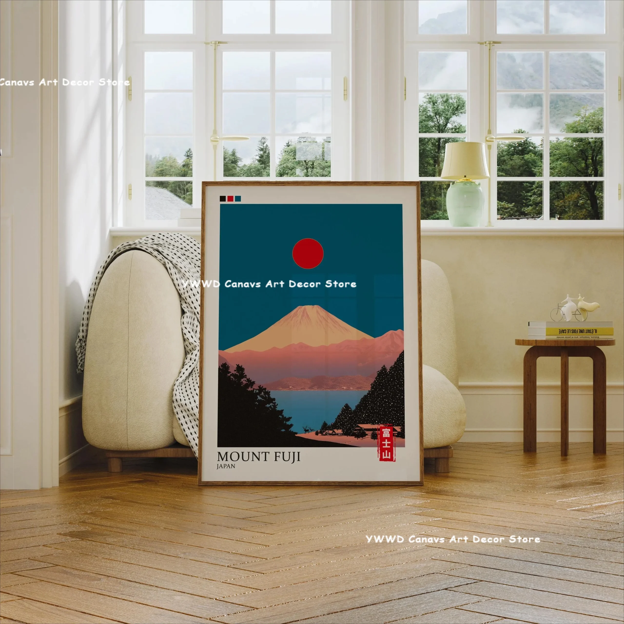 Plakat Tokio - kwitnąca wiśnia i góra Fuji o wschodzie Koralowa czerwona