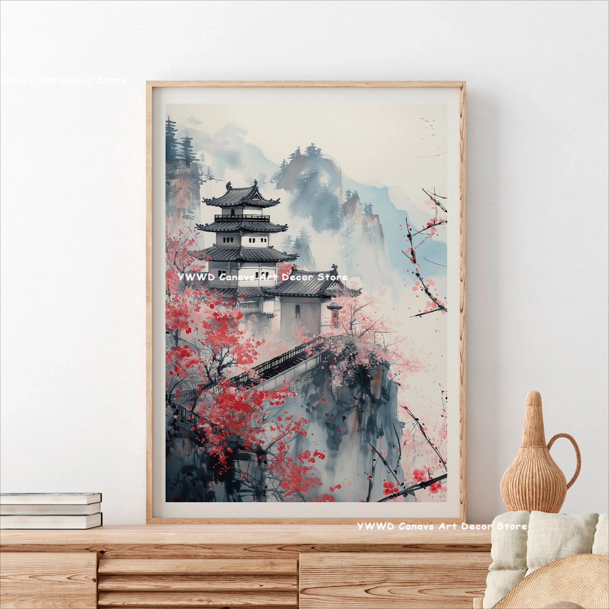 Plakat Tokio - kwitnąca wiśnia i góra Fuji o wschodzie Pomarańczowy