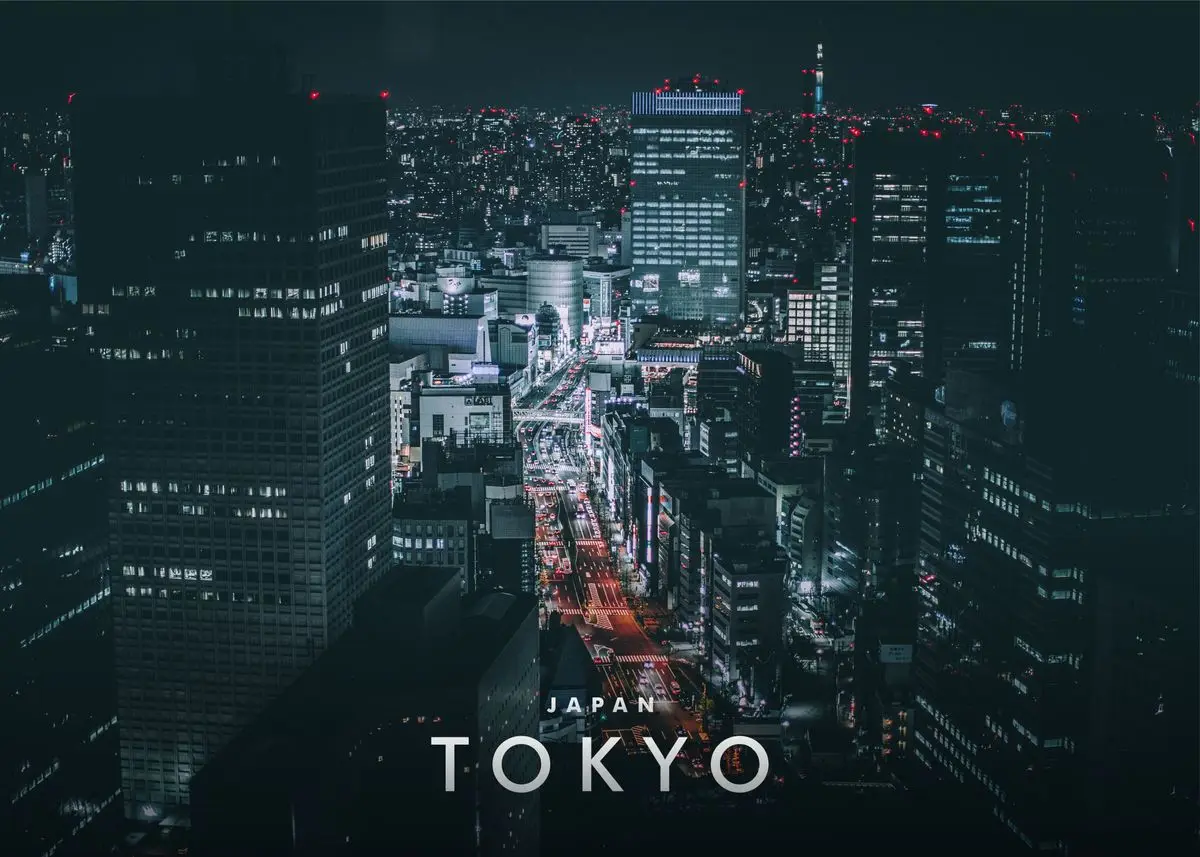 Plakat Tokio - japoński pejzaż miejski w stylu vintage Armijna zieleń