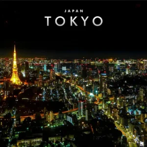 Plakat Tokio - japoński pejzaż miejski w stylu vintage Khaki