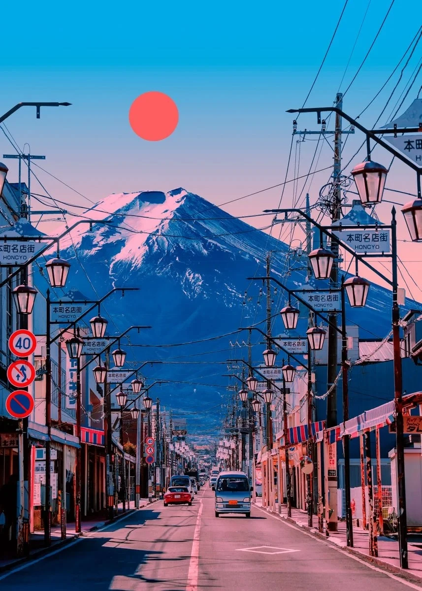 Plakat Tokio - japoński pejzaż miejski w stylu vintage żółty