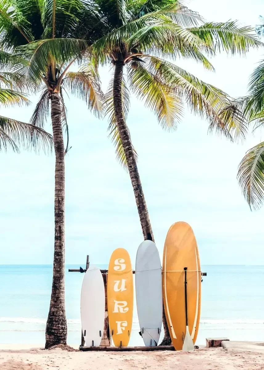 Plakat tropikalna plaża – palmy i surfing Wzór 9
