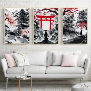Japonski pejzaz tuszem - tryptyk czarno-czerwony Fioletowy