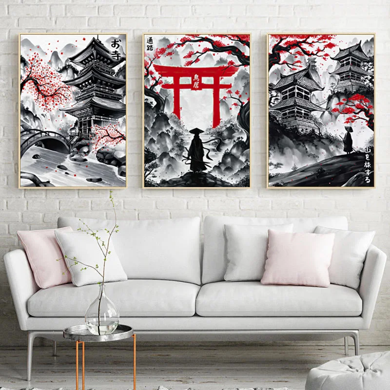 Japonski pejzaz tuszem - tryptyk czarno-czerwony Fioletowy