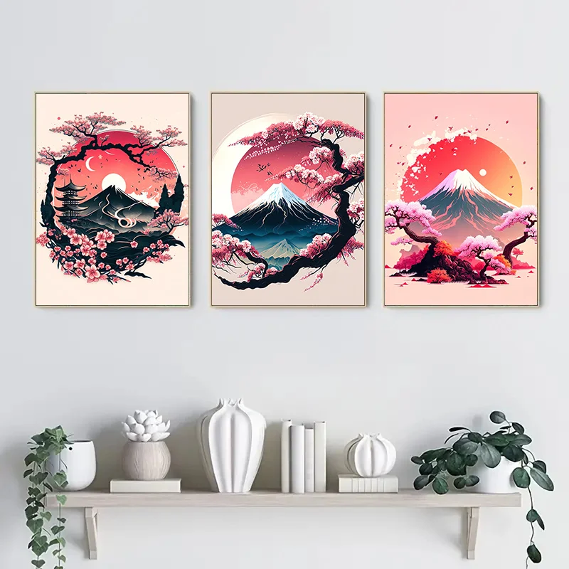 Japonski pejzaz tuszem - tryptyk czarno-czerwony Jasnoszary