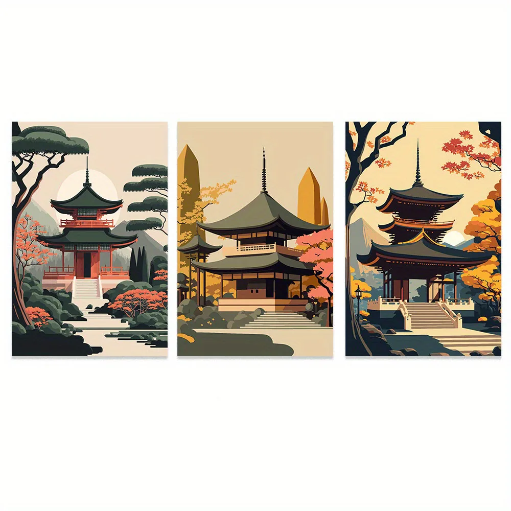 Japonski pejzaz tuszem - tryptyk czarno-czerwony Zielony