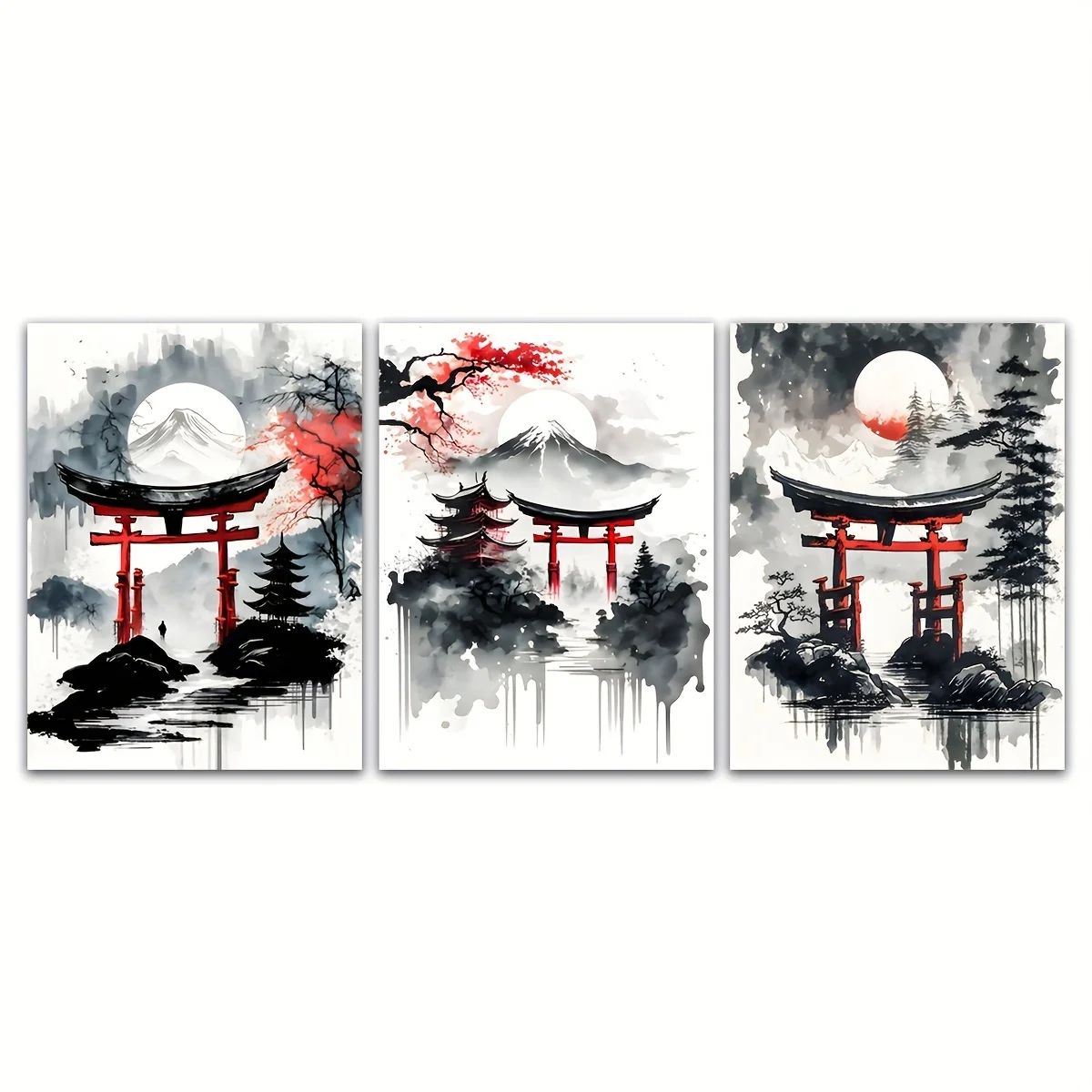 Japonski pejzaz tuszem - tryptyk czarno-czerwony żółty