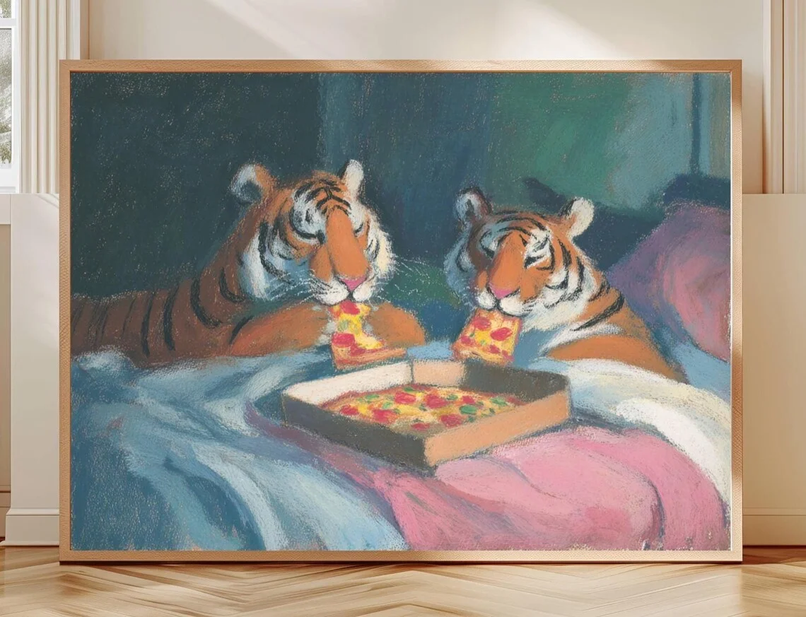 Plakat tygrys z pizzą dopamine art Niebieski