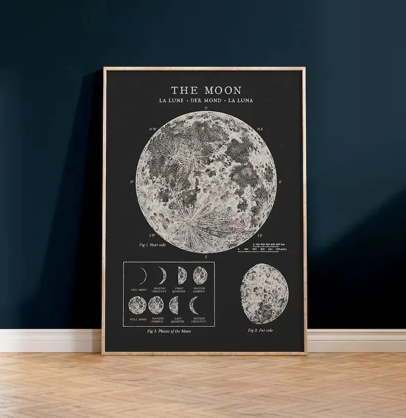 Układ Słoneczny i fazy Księżyca - plakat vintage Biały