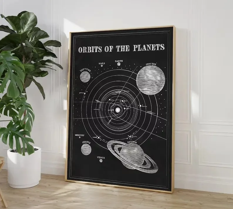 Układ Słoneczny i fazy Księżyca - plakat vintage Czerwony