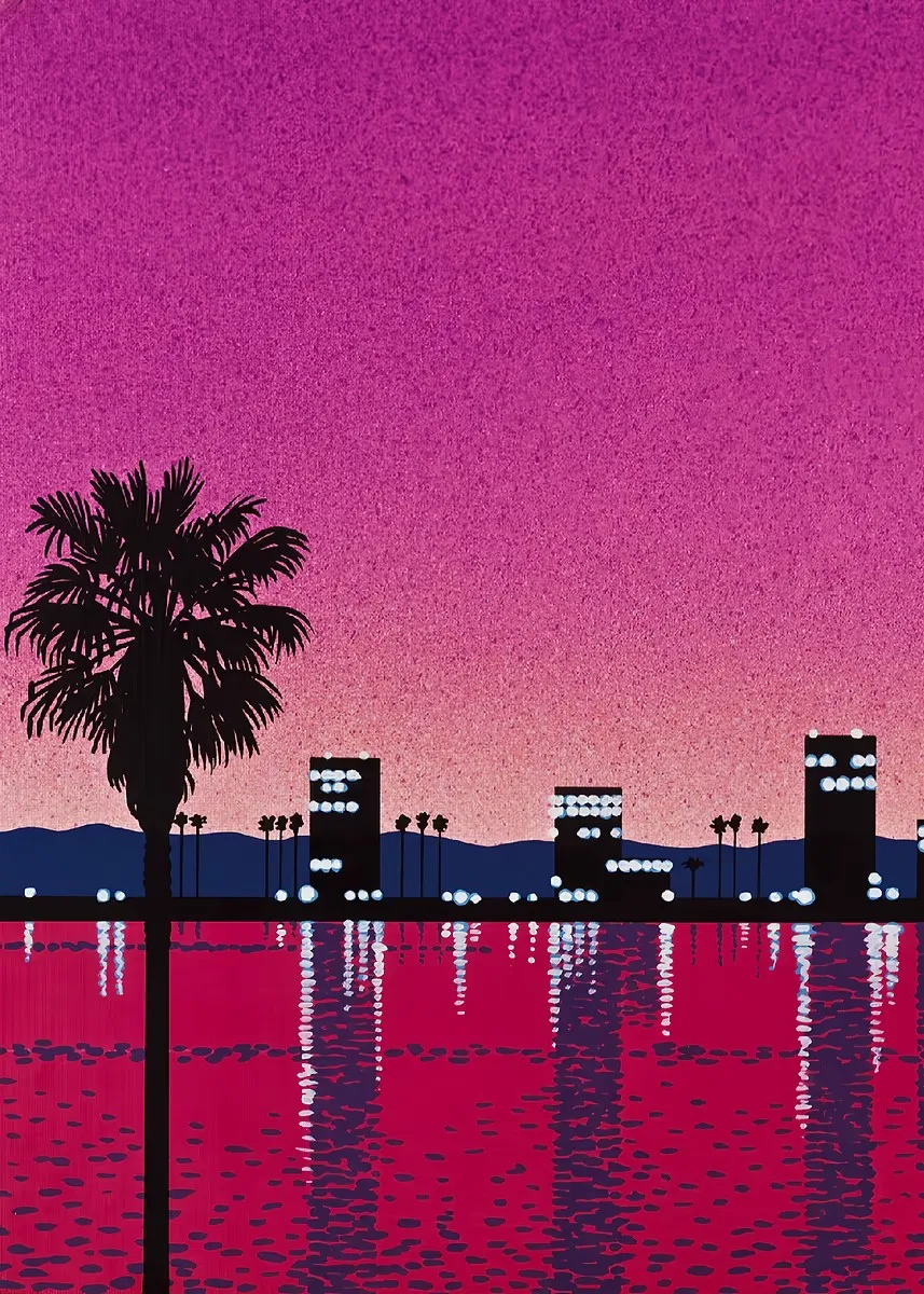 Plakat vaporwave Hiroshi Nagai – japońska plaża i miasto latem Brązowy