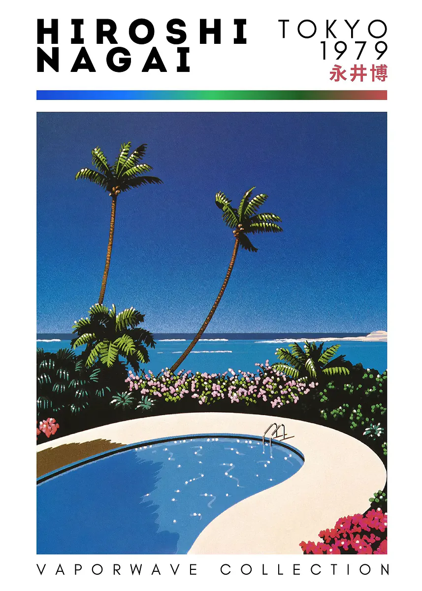 Plakat vaporwave Hiroshi Nagai - japońska plaża i miasto latem Fioletowy