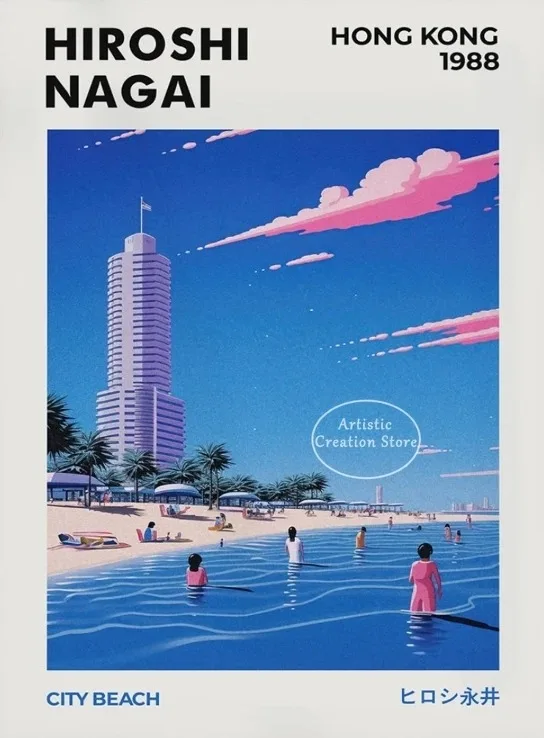 Plakat vaporwave Hiroshi Nagai - letnie miasto i plaża Wzór 2