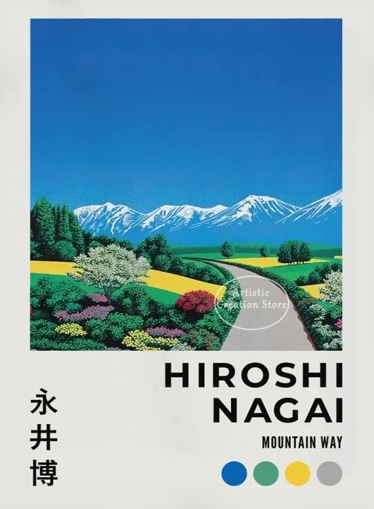 Plakat vaporwave Hiroshi Nagai - letnie miasto i plaża Wzór 3