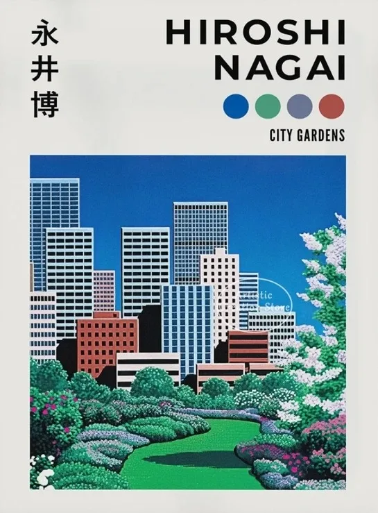 Plakat vaporwave Hiroshi Nagai - letnie miasto i plaża Wzór 4