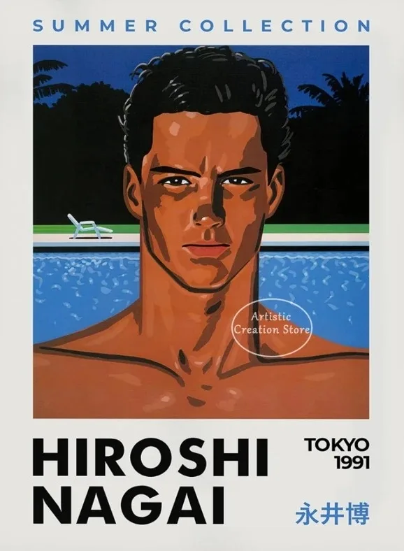 Plakat vaporwave Hiroshi Nagai - letnie miasto i plaża Wzór 6