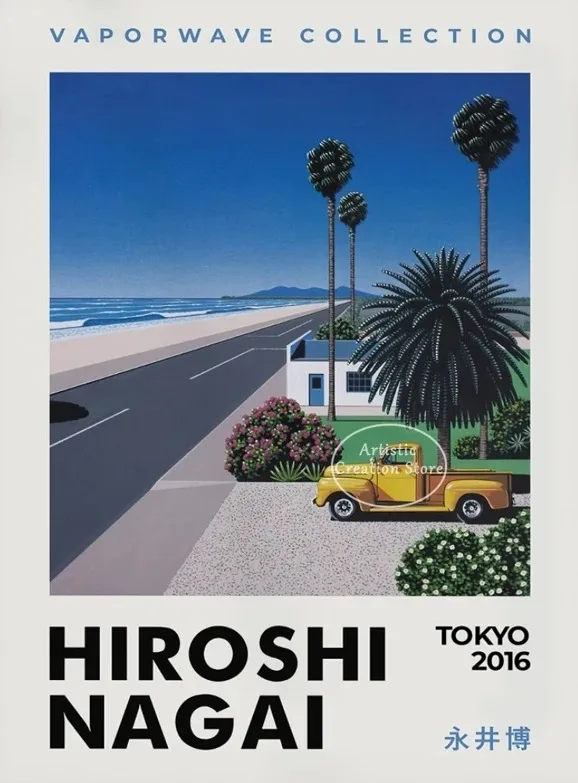 Plakat vaporwave Hiroshi Nagai - letnie miasto i plaża Wzór 8