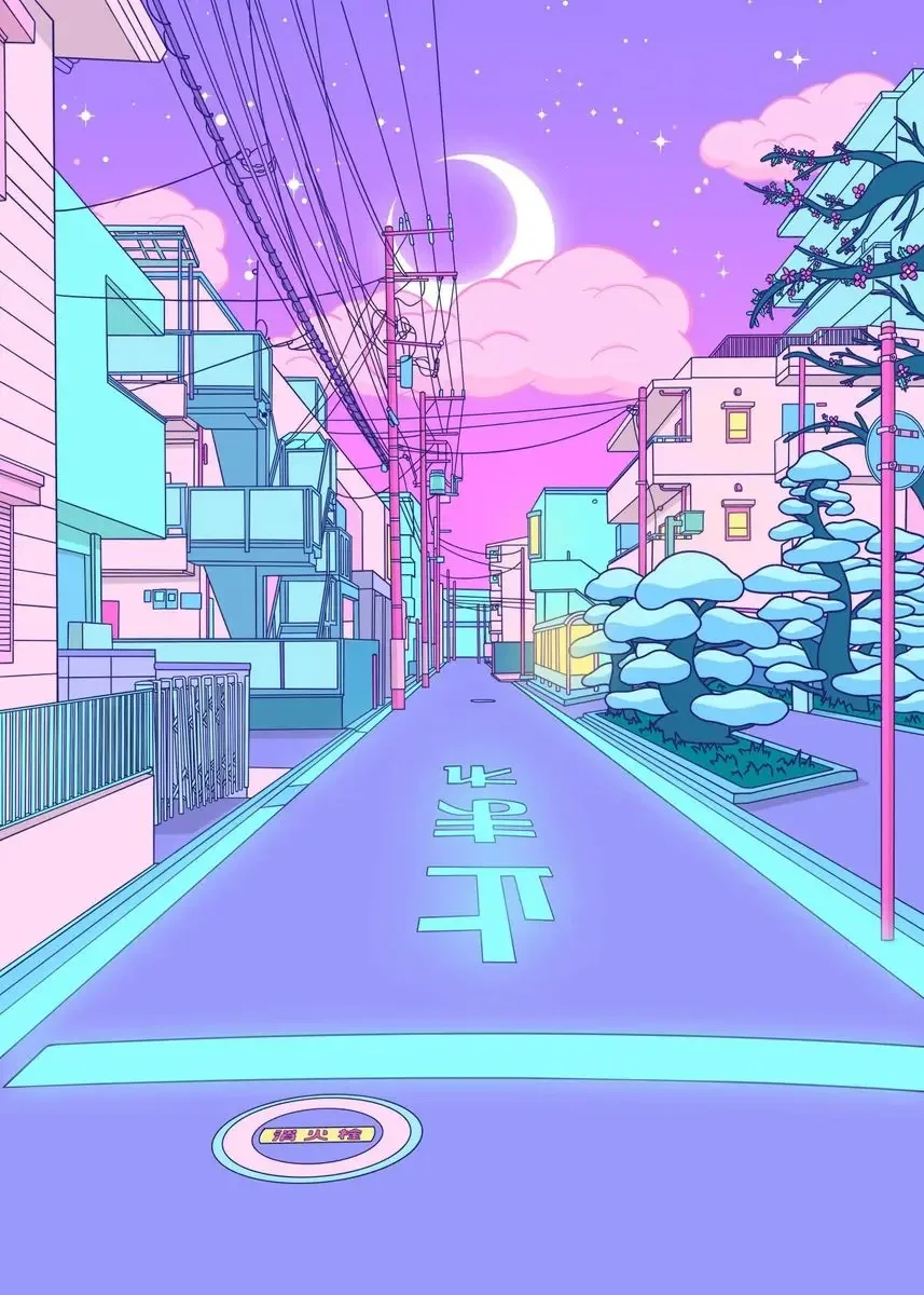 Plakat vaporwave – neonowe miasto lat 80. Wzór 9
