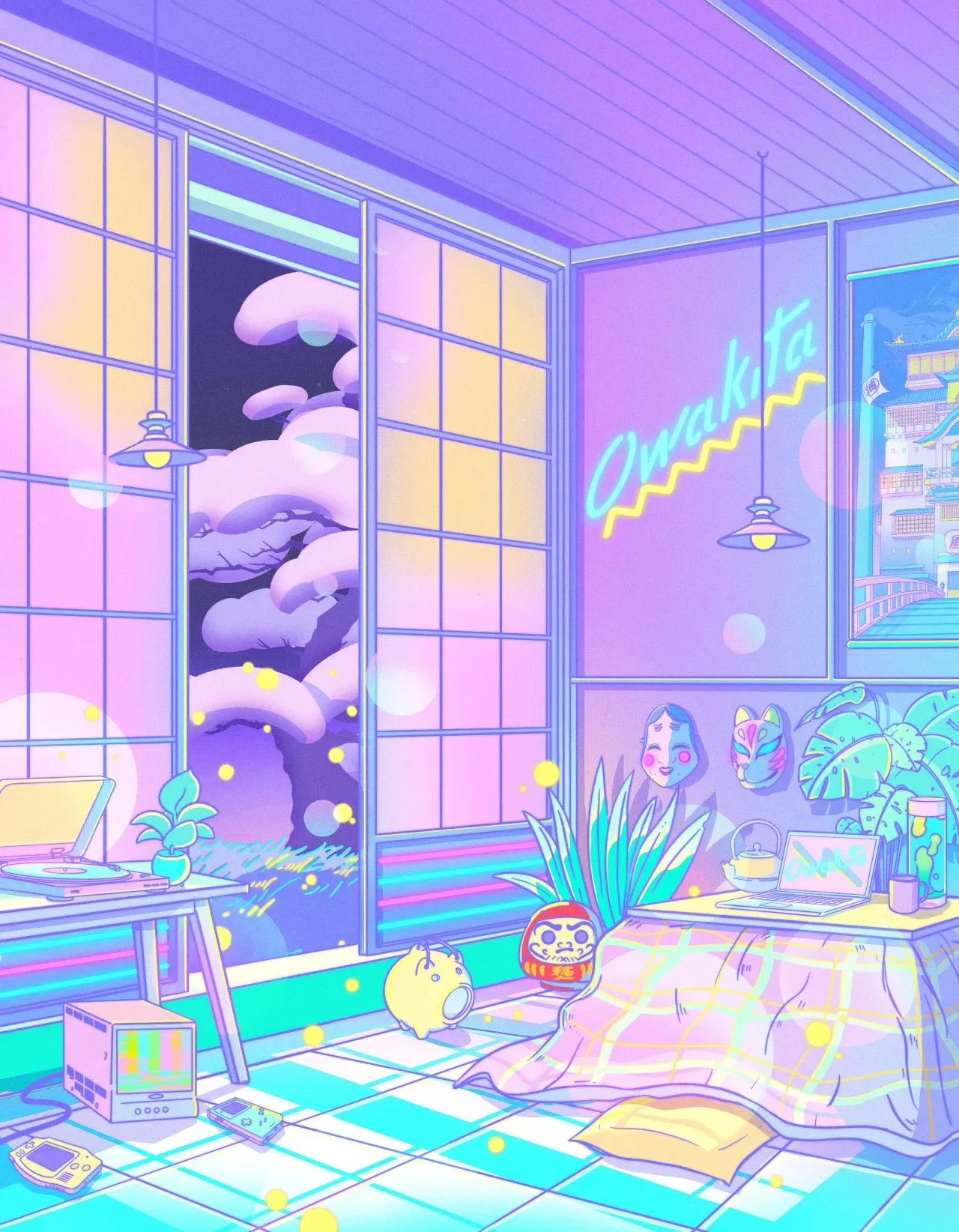 Plakat vaporwave - neonowe miasto lat 80. w stylu retro Wzór 4