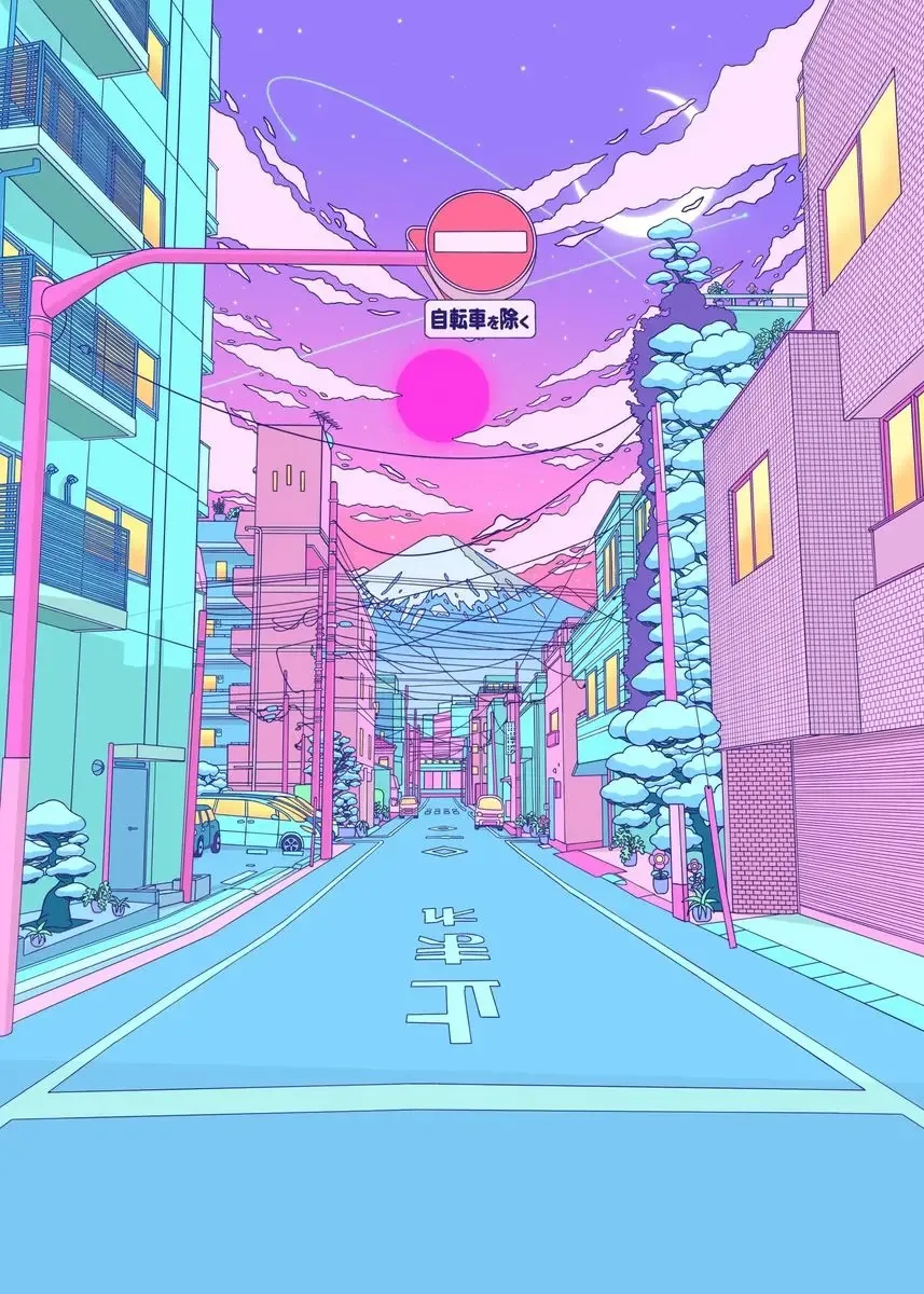 Plakat vaporwave - neonowe miasto lat 80. w stylu retro Wzór 6