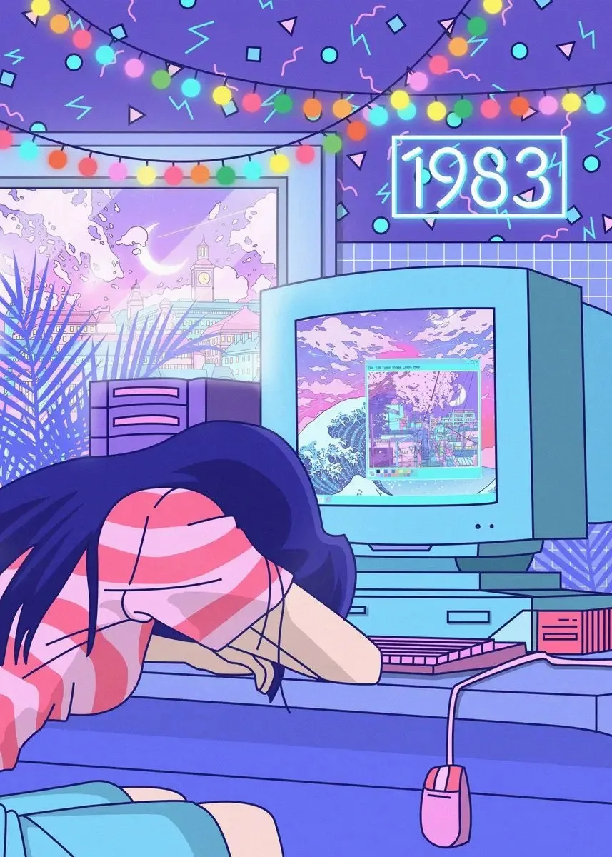 Plakat vaporwave - neonowe miasto lat 80. w stylu retro Wzór 7