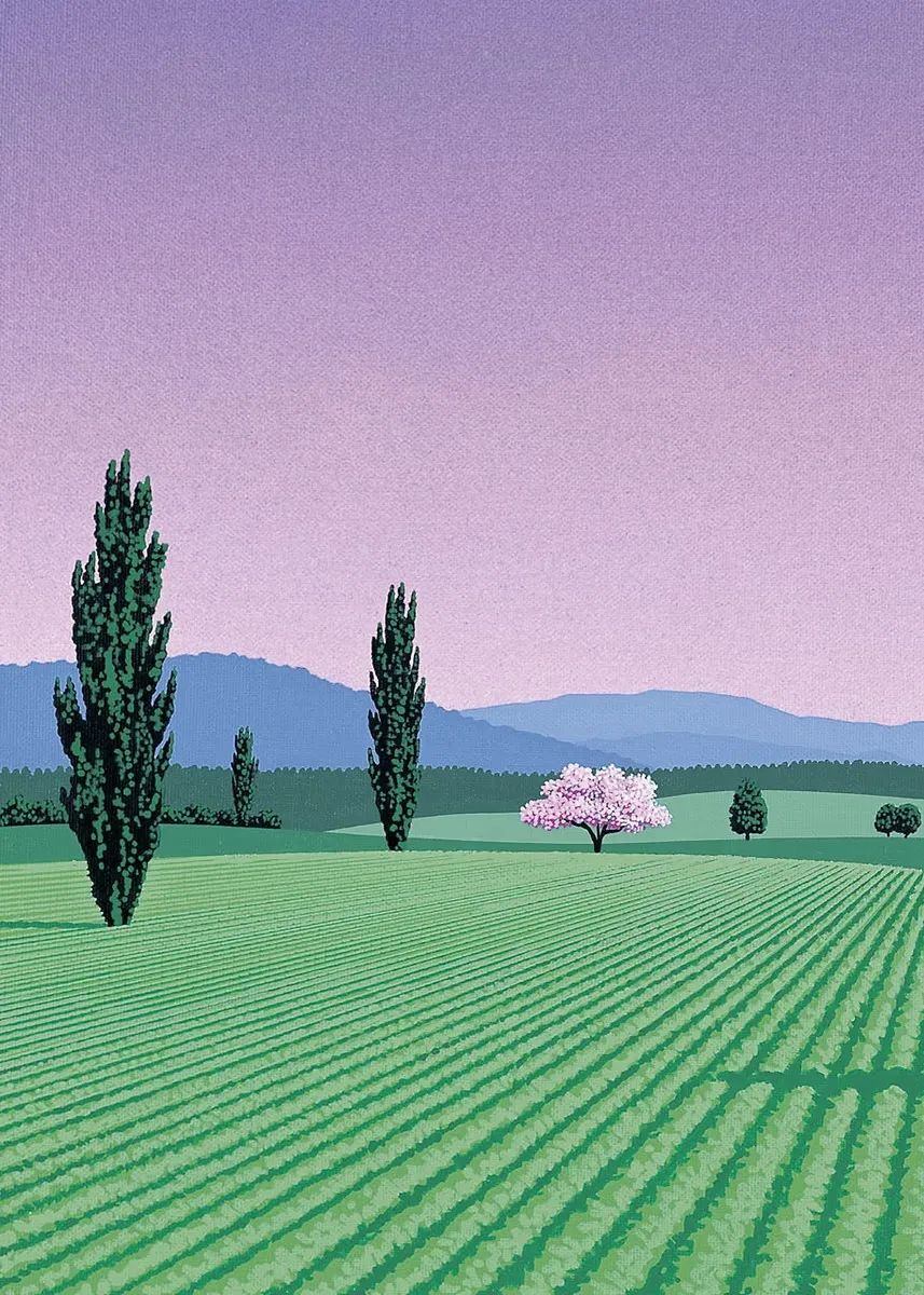 Hiroshi Nagai retro plaza - plakat vaporwave Burgundia