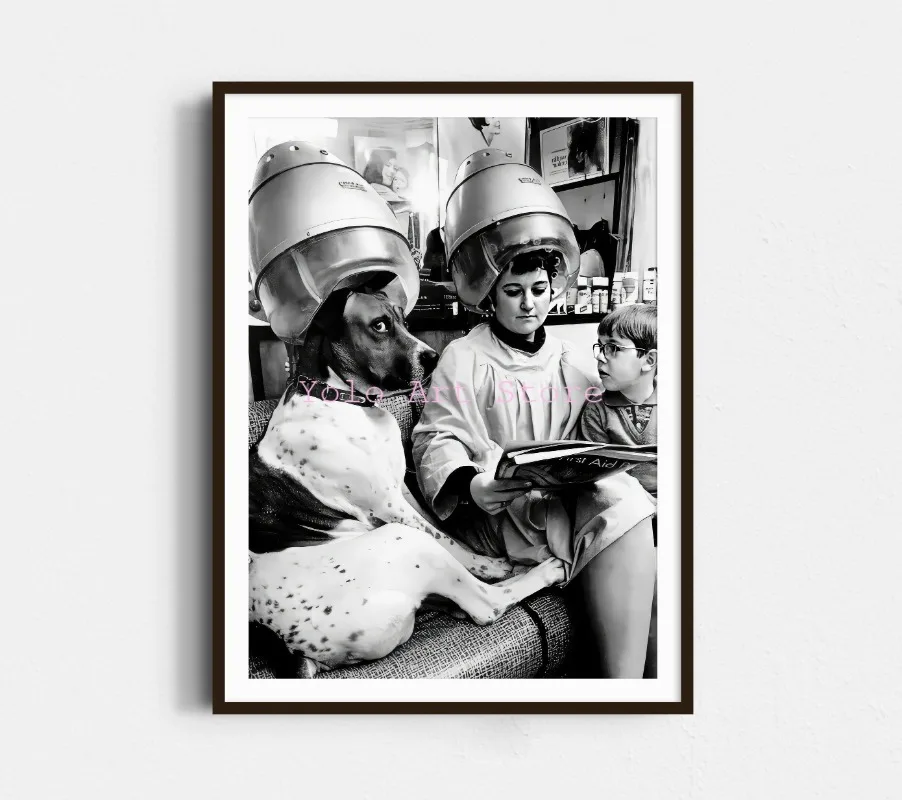 Plakat vintage do salonu fryzjerskiego - czarno-biała grafika barber żółty