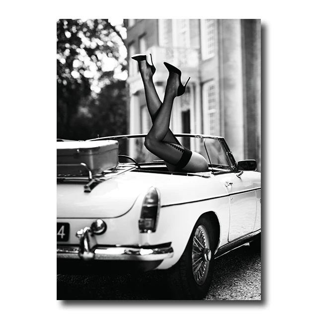 Vintage moda - czarno-biały plakat z kobietą Jasnożółty